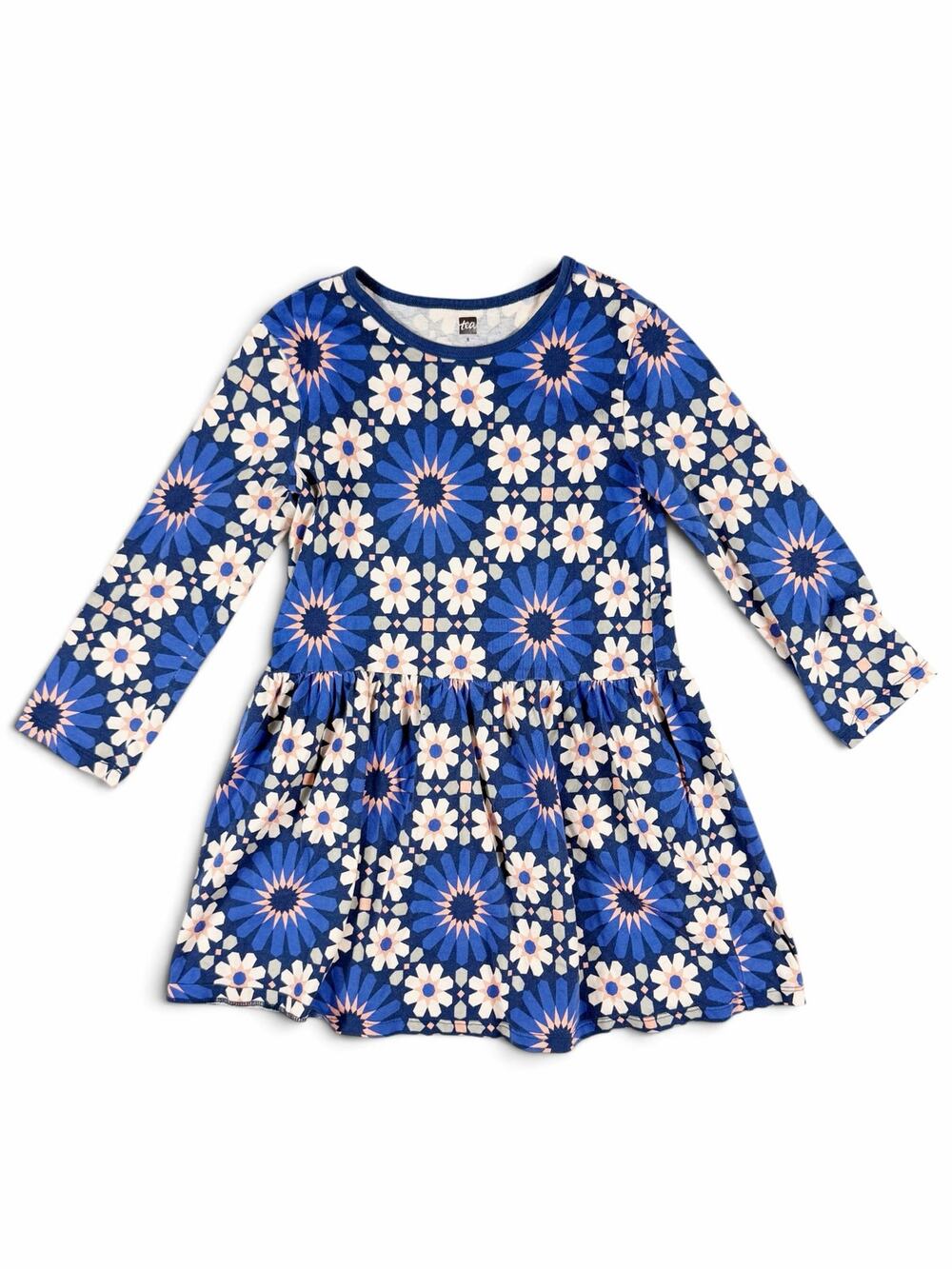 Tea Collection Geometric Floral Long Sleeve Dress Blue Girls Size 6